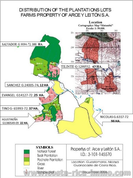 Zu verkaufen 338 ha Farm mit Teak, Melina, Pochote, Citrus, Guave, Bananen und Wald